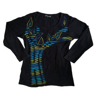 Boho Goth Fairy Top Size M Black Multicolor Embroidered Long Sleeve Hip Length